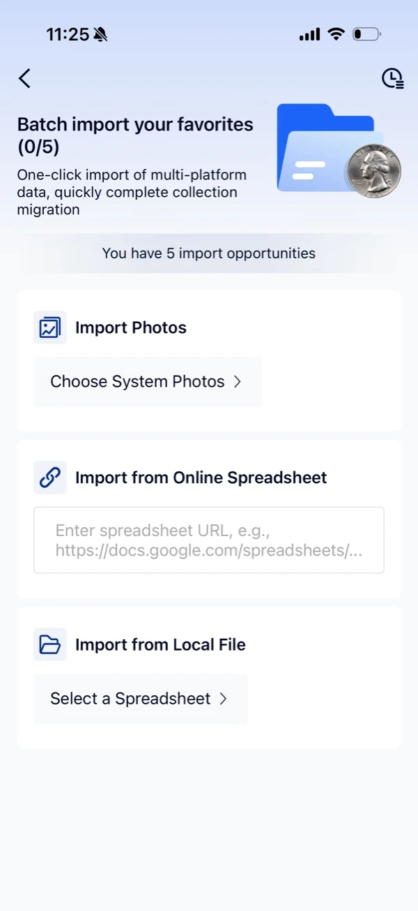 HeriBase batch import screen with photo, online spreadsheet, and local spreadsheet options