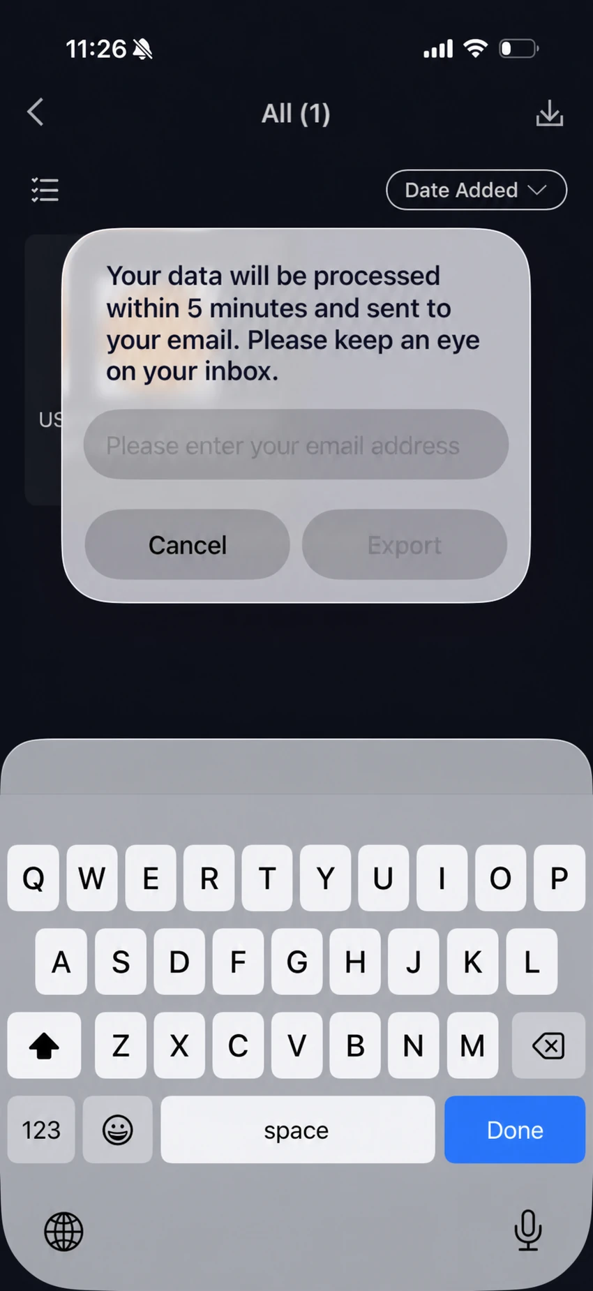 HeriBase collection export screen requesting an email address for delivery