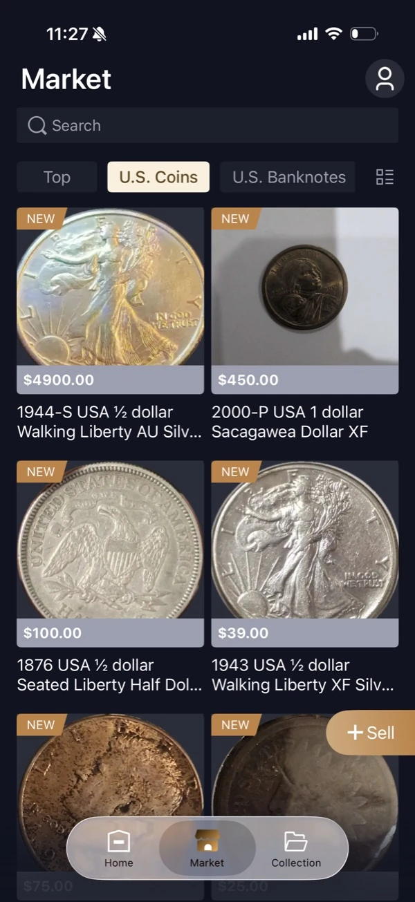 HeriBase marketplace screen showing coin listings and the Sell entry point