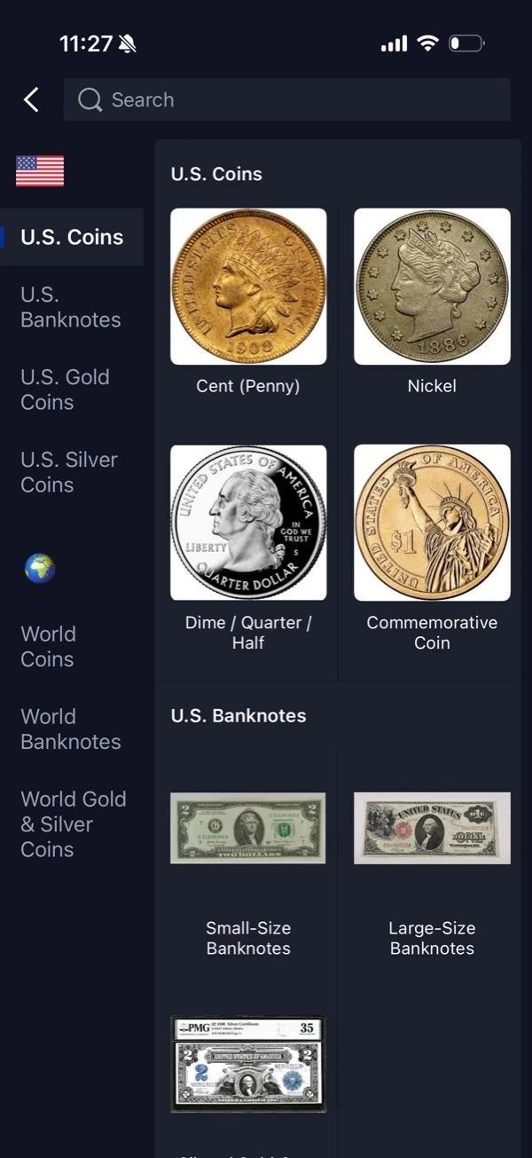 HeriBase buying catalog organized by United States and world coin and banknote categories