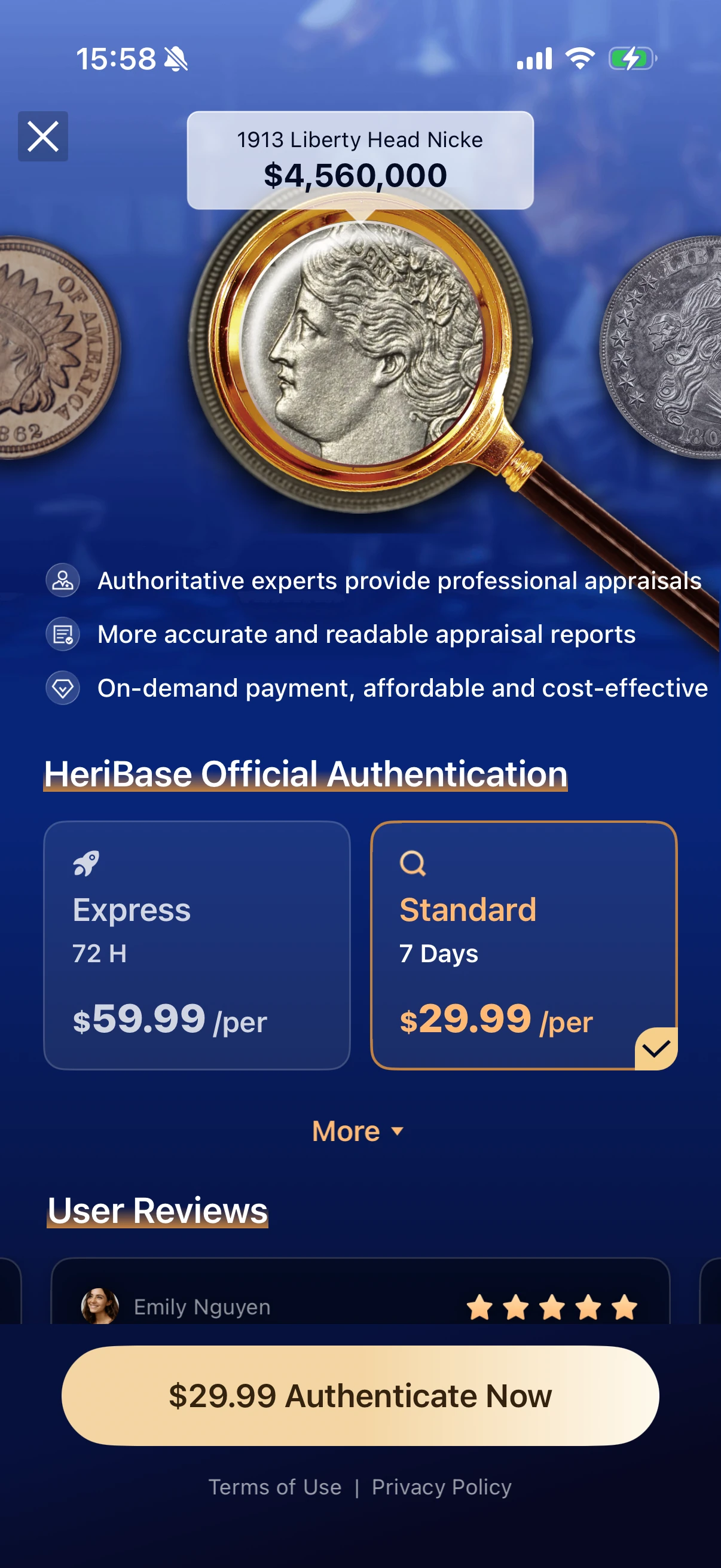 Heritcoin / HeriBase: Express and Standard appraisal options.
