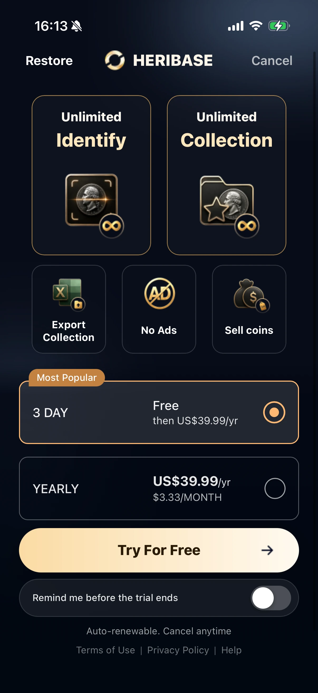 HeriBase subscription offer screen