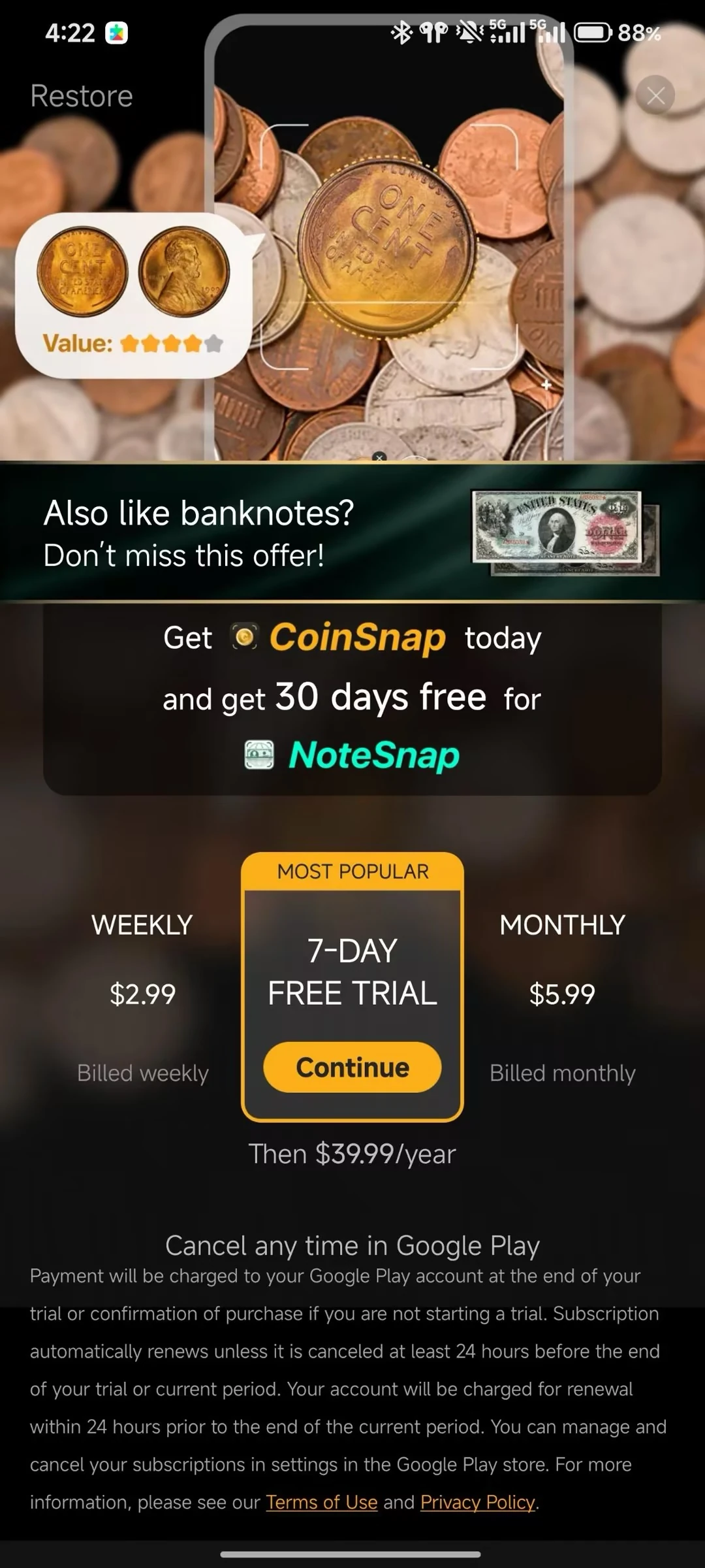 CoinSnap · Android subscription offer screen