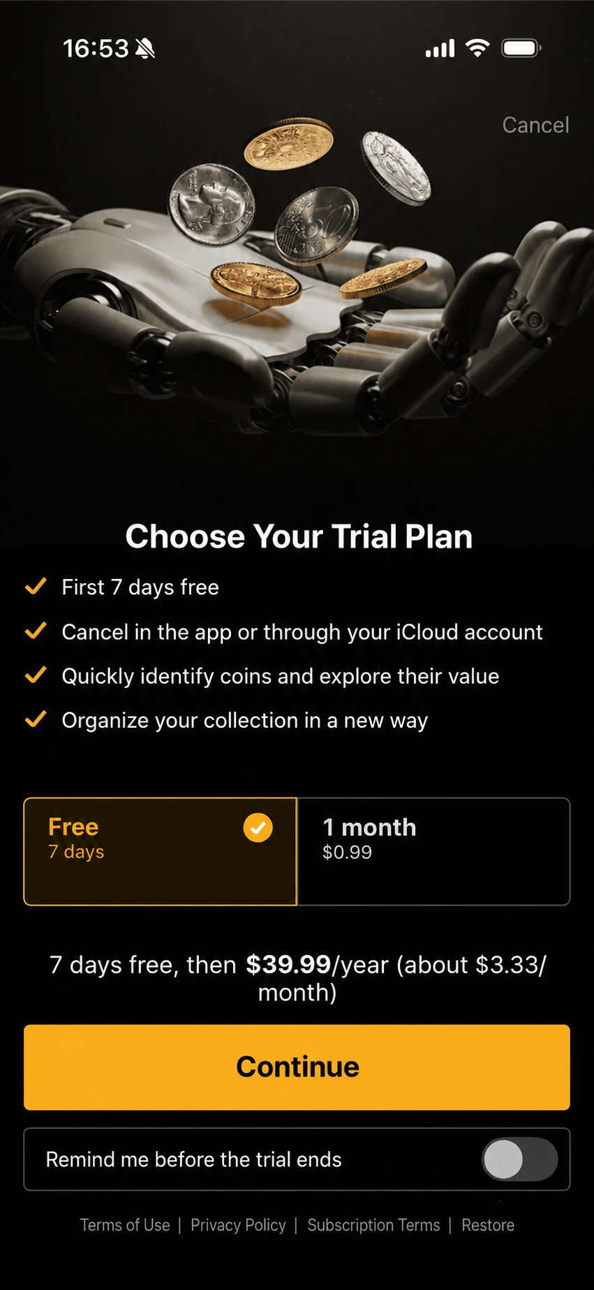 CoinSnap iOS offer: 7 days free then $39.99 per year, with a separate $0.99 one-month option