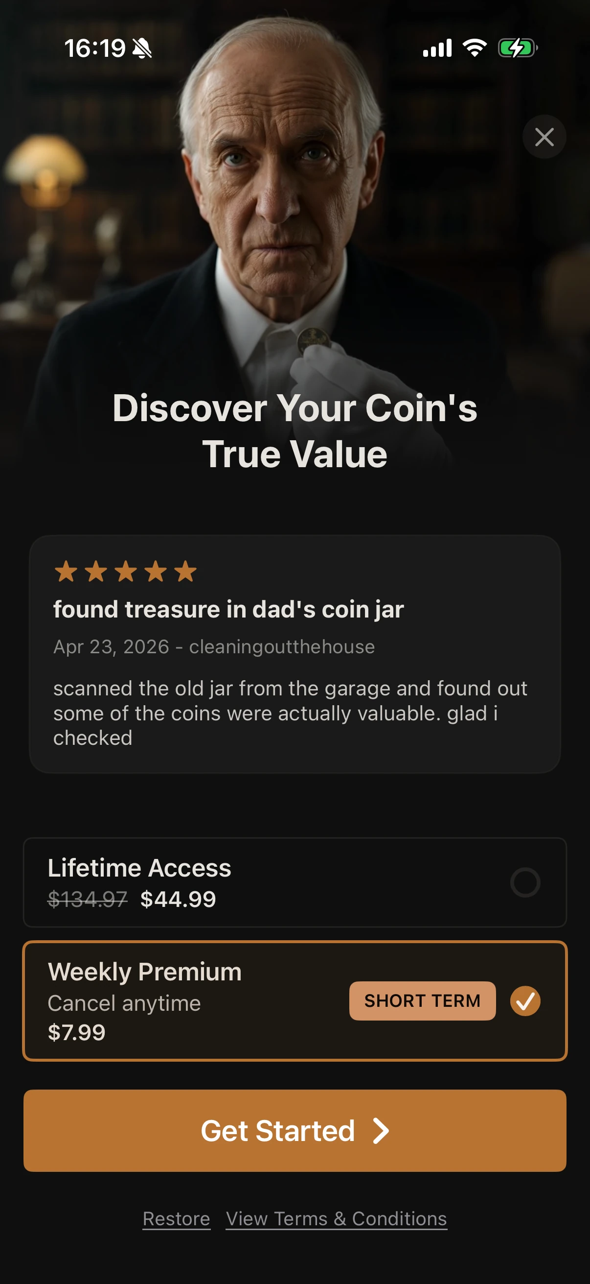 Coinara offer showing weekly premium at $7.99 and lifetime access at $44.99