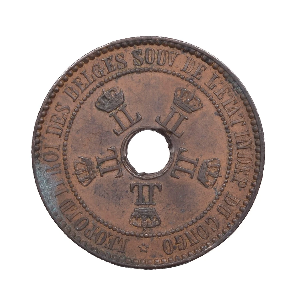 Belgian Congo bronze 5 centimes before NCS conservation with green corrosion at lower left
