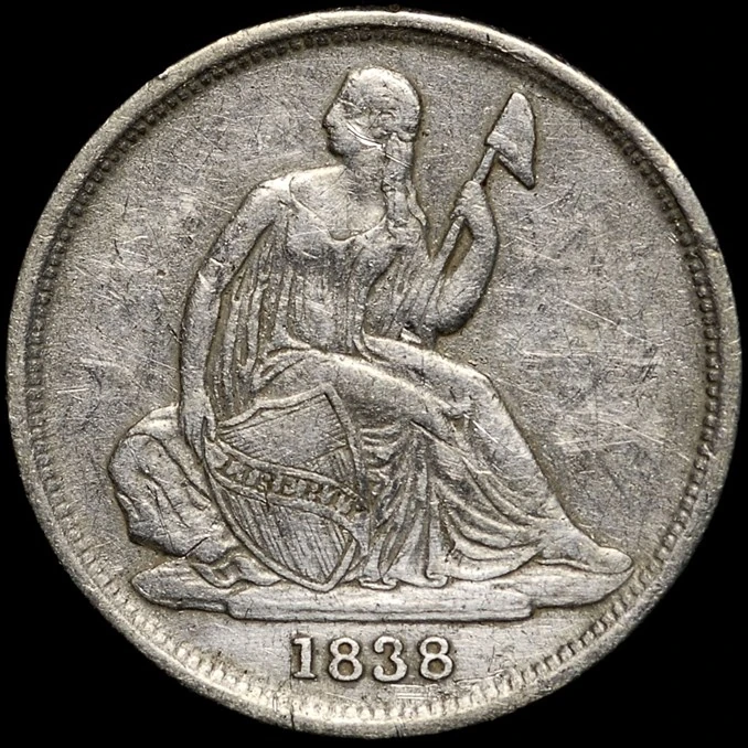 Same 1838-O dime after NCS conservation, with existing cleaning hairlines visible