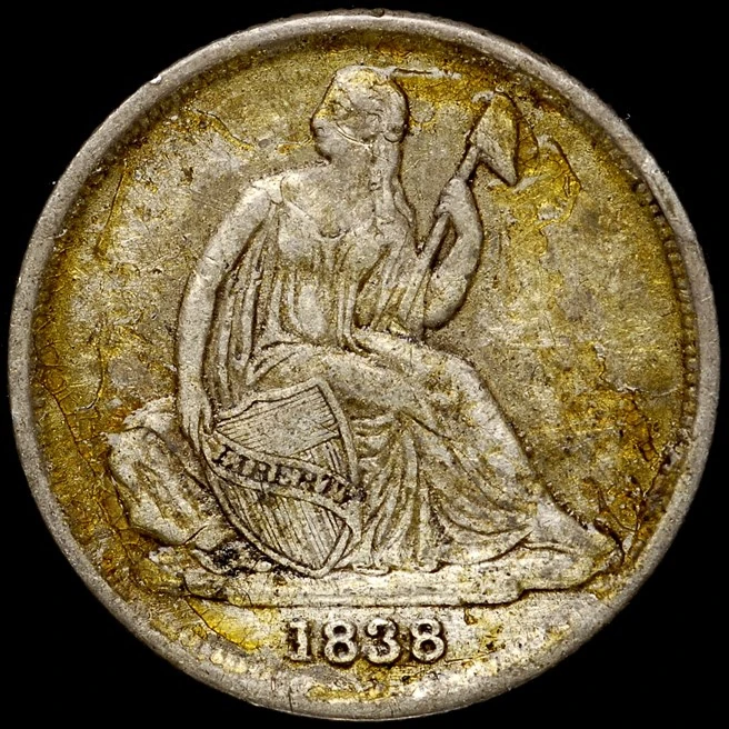1838-O dime before NCS conservation, from NGC’s improper-cleaning example