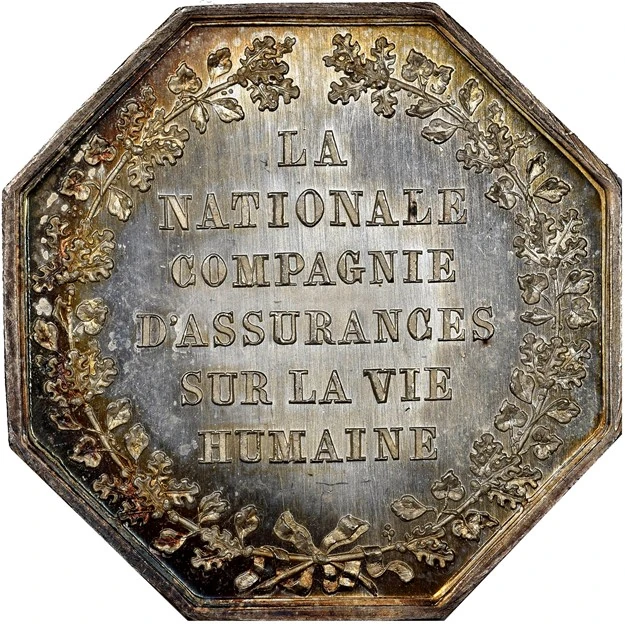 Reverse of 1830-dated French La Nationale silver jeton, NGC MS67, with vertical die-polish lines