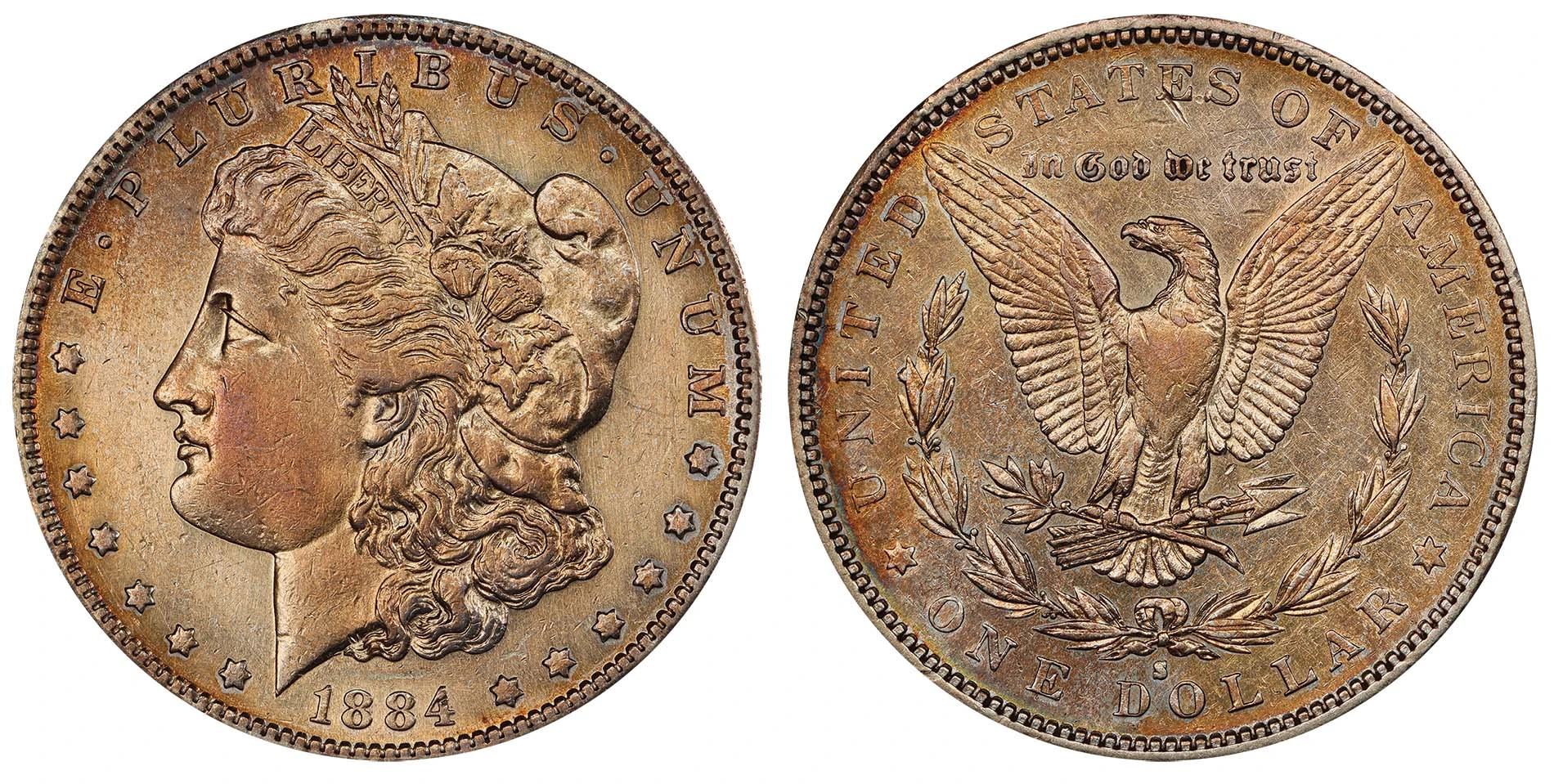 PCGS example of an 1884-S Morgan dollar described as cleaned and artificially toned, both sides