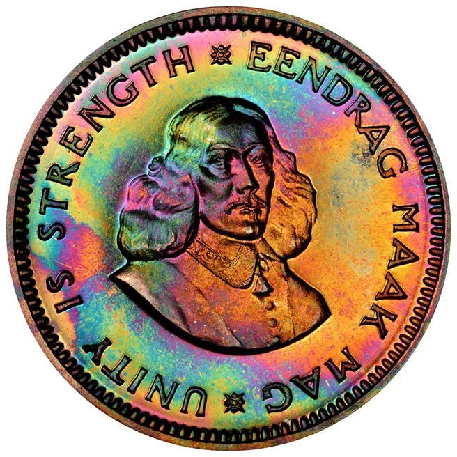 1961 South Africa 5 cents with rainbow toning, attributed by NGC as PF67 Star