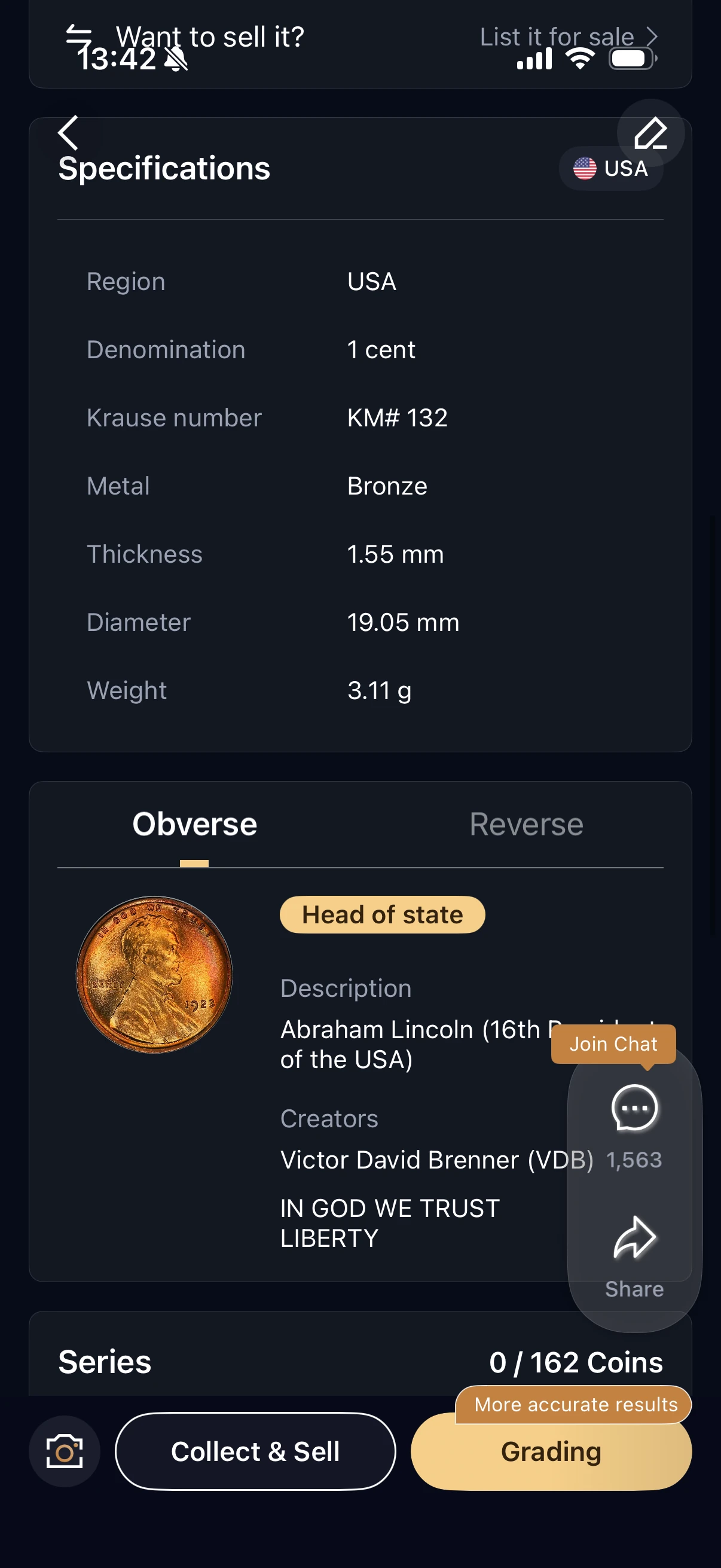 HeriBase specifications listing bronze, 19.05 mm diameter and 3.11 g weight for the cent.