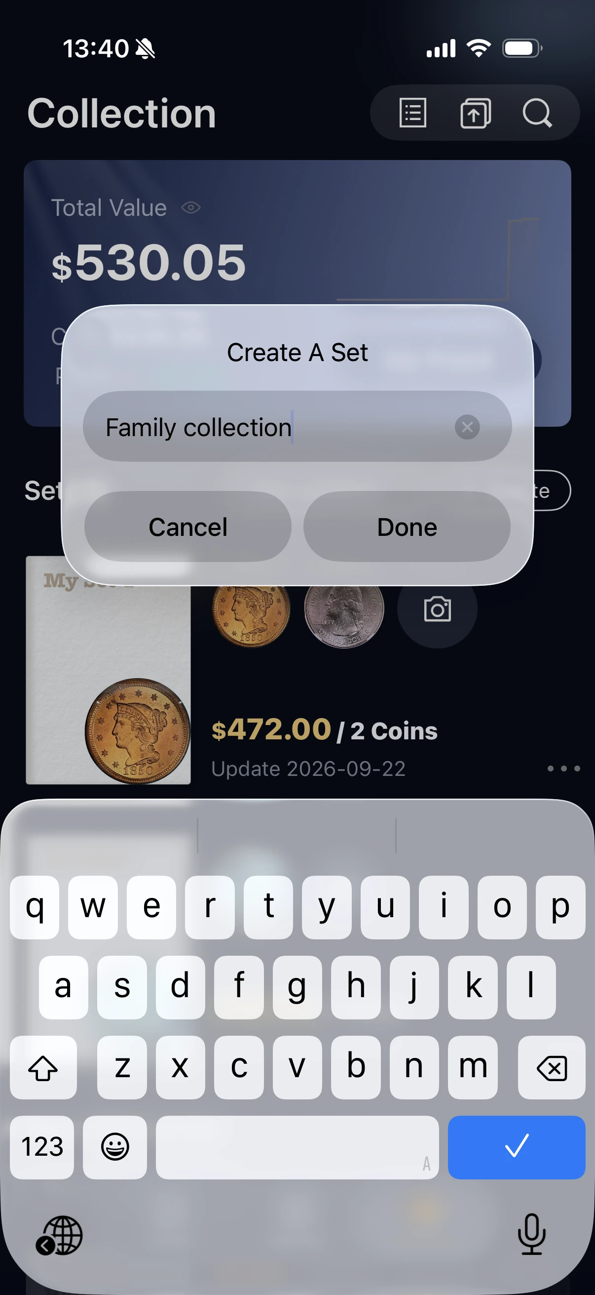 HeriBase Create A Set dialog with Family collection entered.
