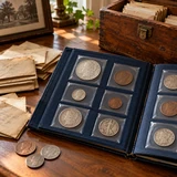 Illustration of a family coin album with old envelopes and a wooden storage box
