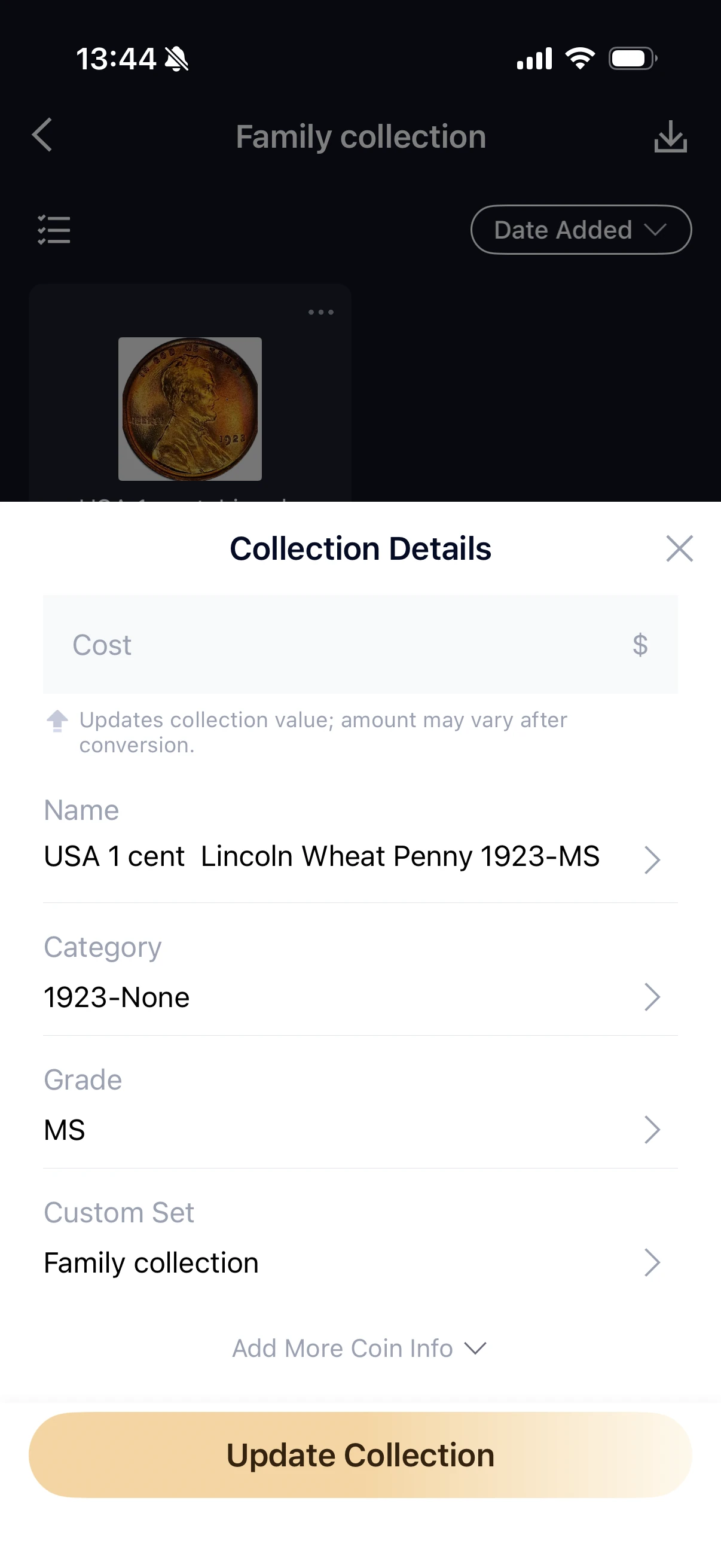 HeriBase Collection Details showing 1923-None, MS, Family collection and a blank Cost field.