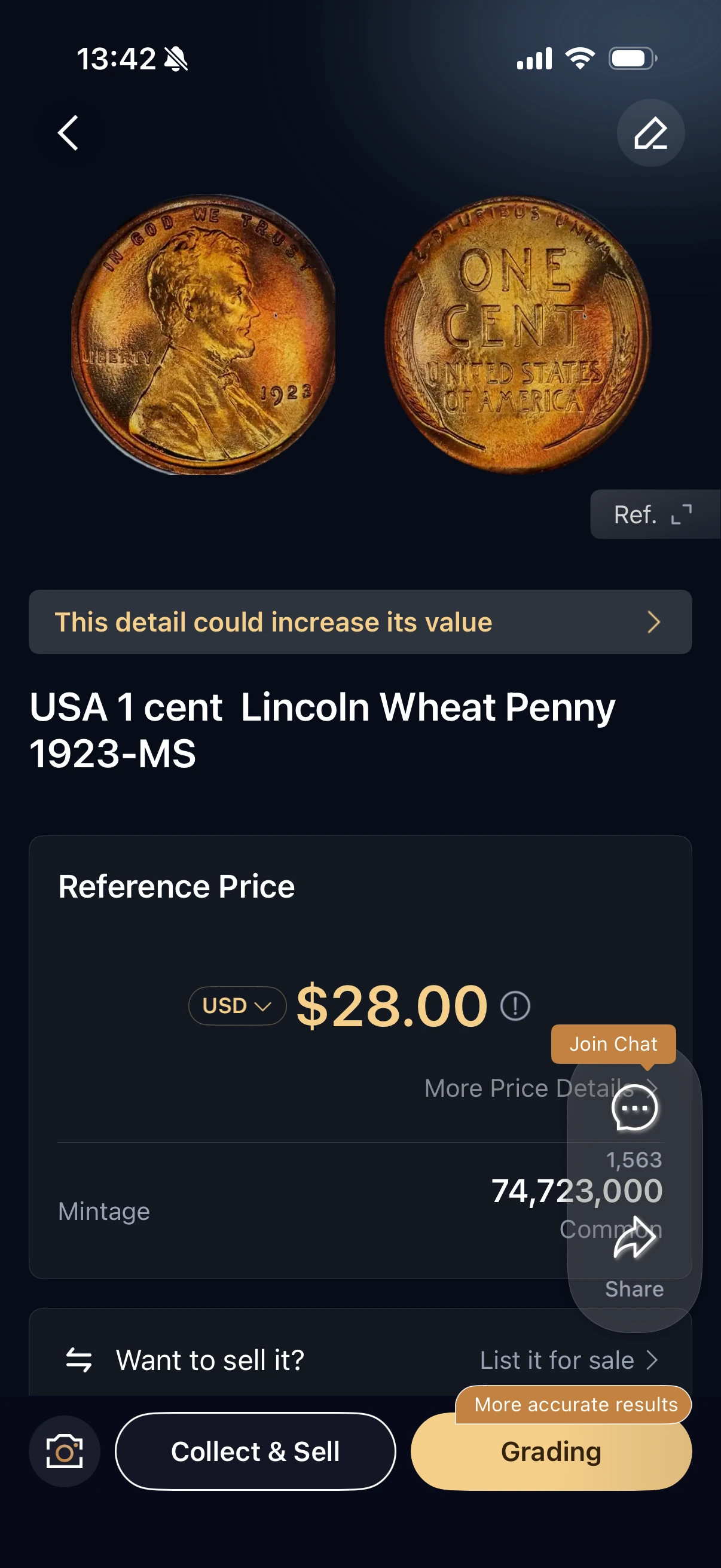 HeriBase 1923-MS Lincoln wheat cent identification with a 28 dollar reference price.