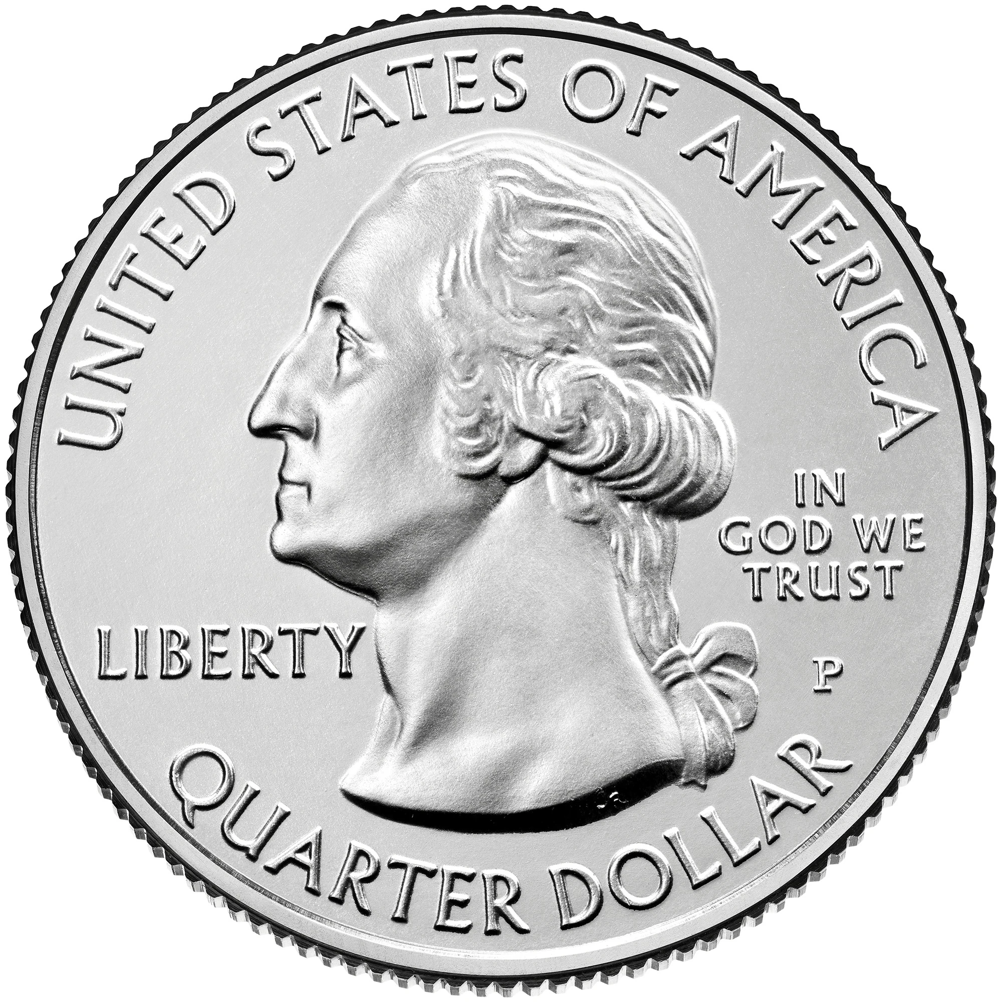 Philadelphia quarter obverse showing Washington and the P mint mark to the right of his portrait