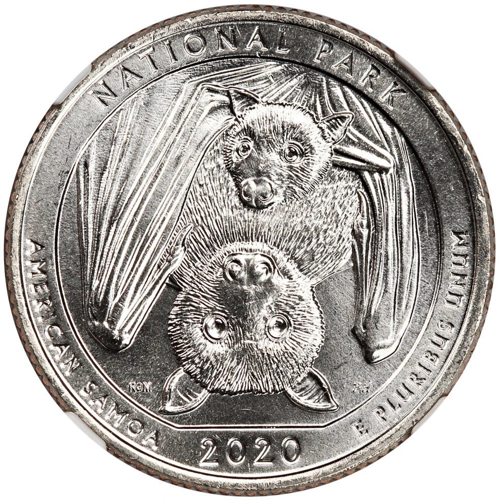 Reverse of the 2020-W American Samoa quarter from auction lot 8225, showing the fruit bats and 2020 date