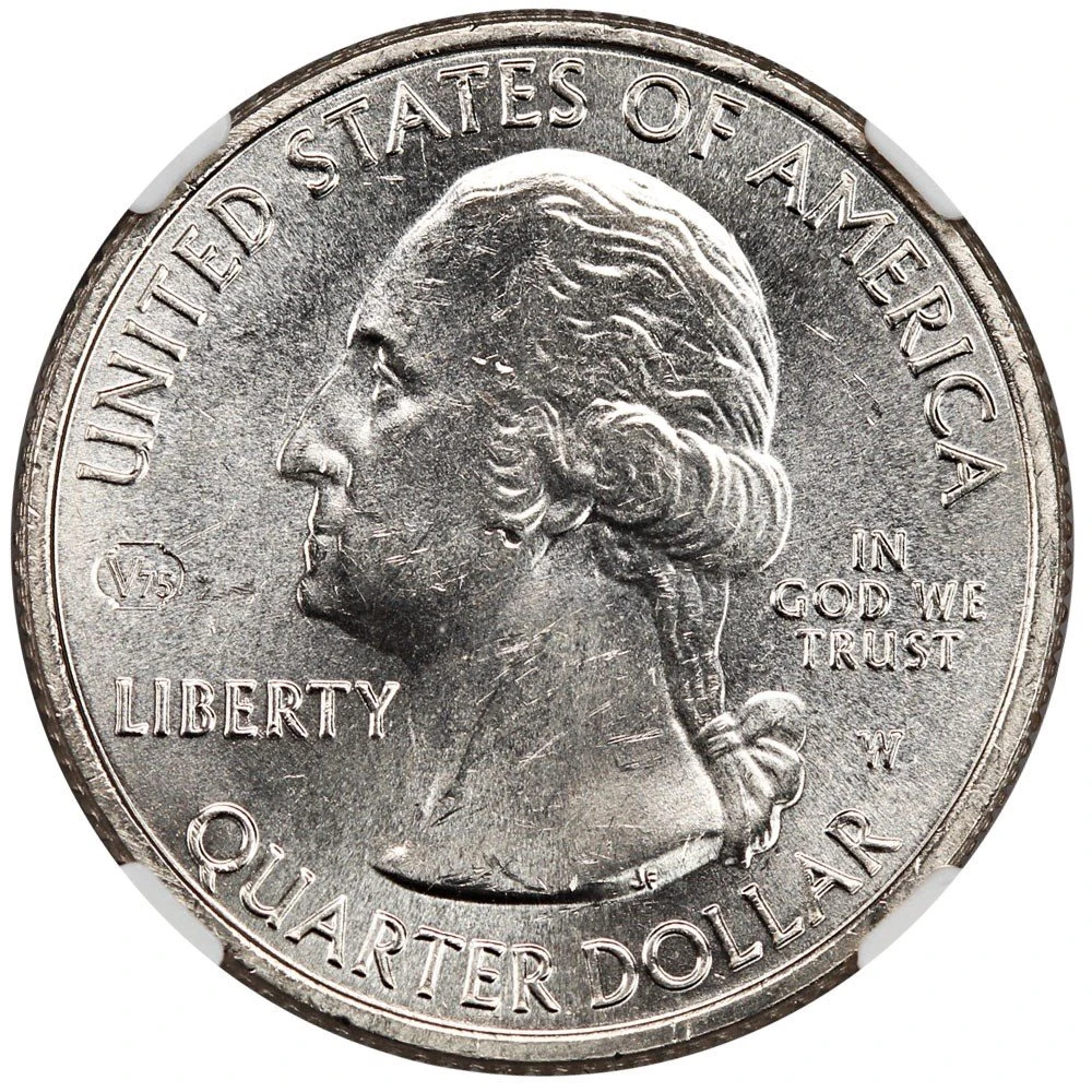 Obverse of the 2020-W American Samoa quarter from auction lot 8225, showing Washington, W and V75