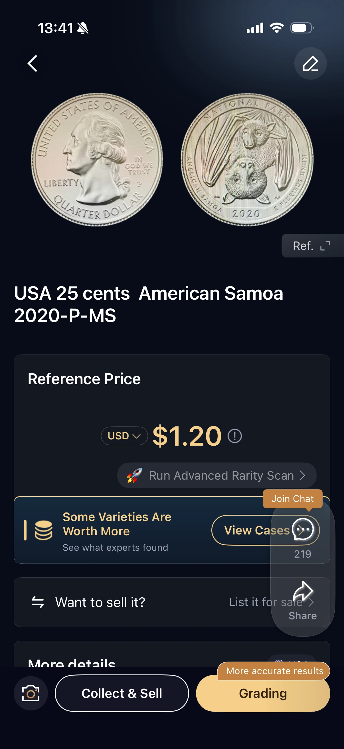 HeriBase supplied test result identifying USA 25 cents American Samoa 2020-P-MS with a USD 1.20 reference price