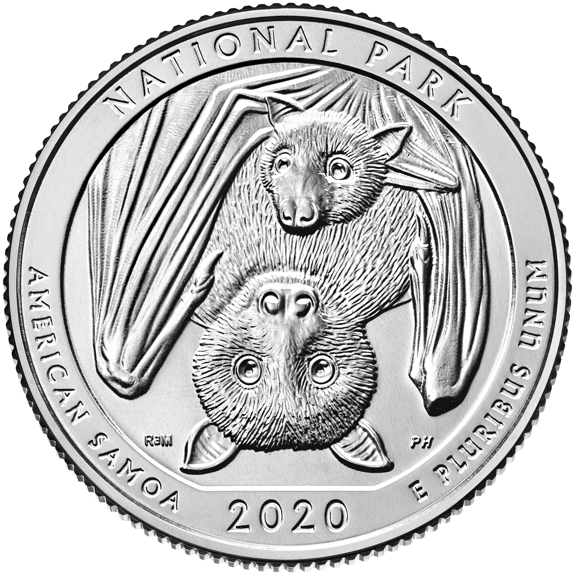 2020 American Samoa quarter reverse with fruit bat mother and pup, NATIONAL PARK, AMERICAN SAMOA and 2020
