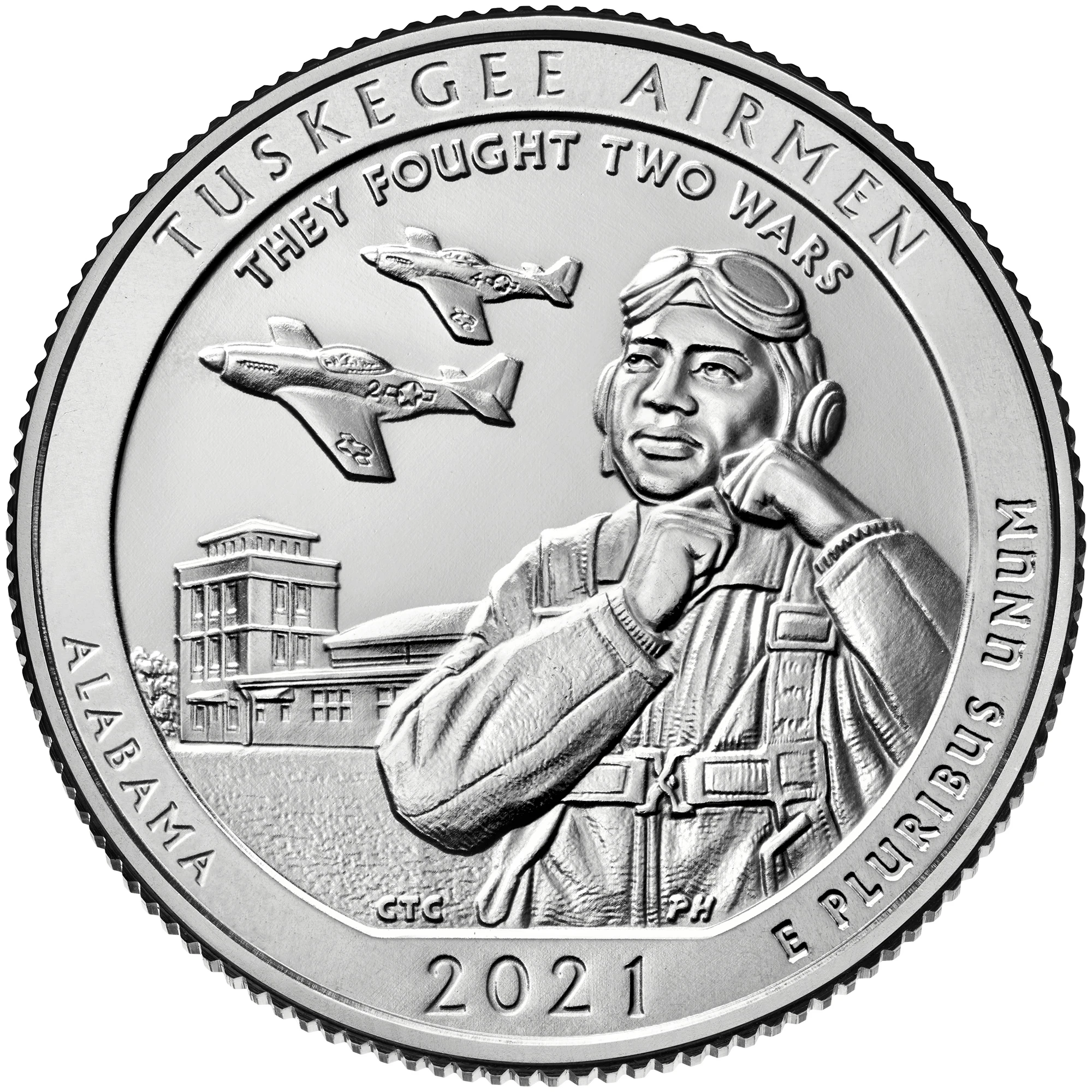 2021 Tuskegee Airmen quarter reverse showing an airman, aircraft, Alabama and the date