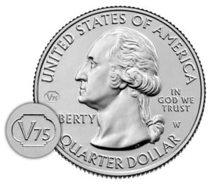 PCGS reference close-up of the intentional V75 privy mark on a 2020 quarter obverse