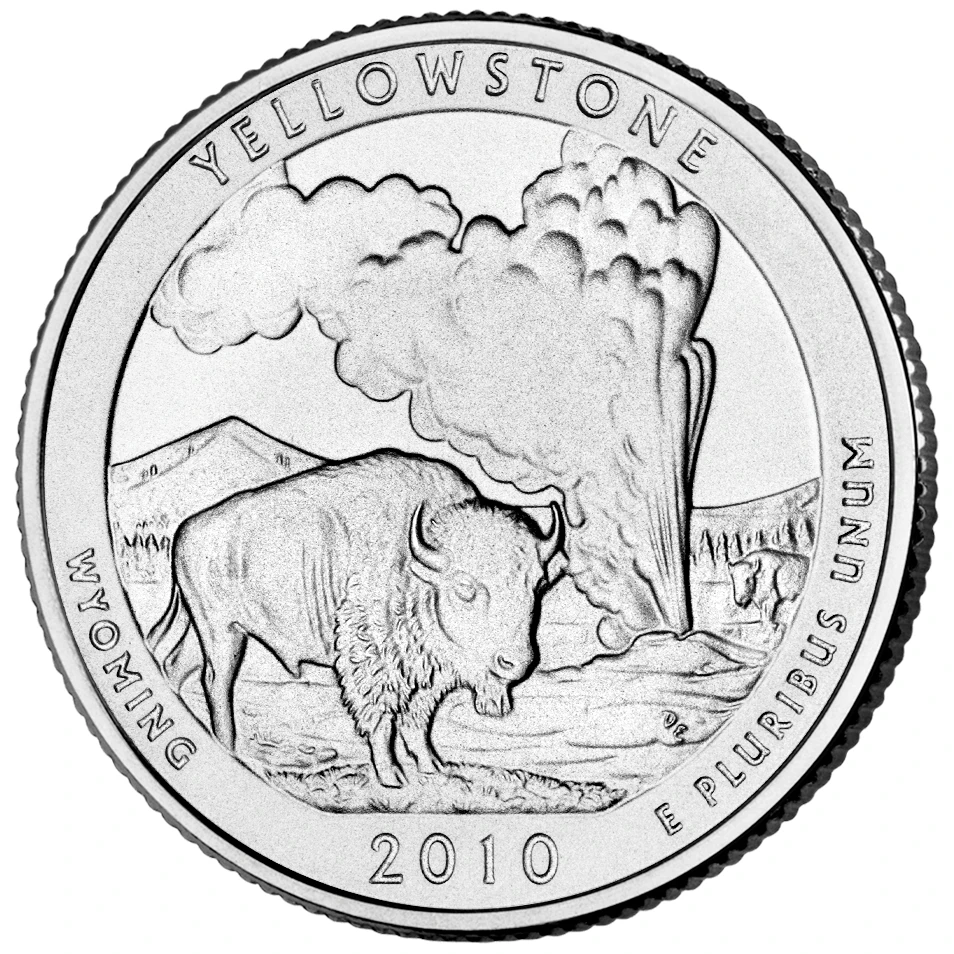 2010 Yellowstone quarter reverse showing a bison, geyser, Wyoming and the date