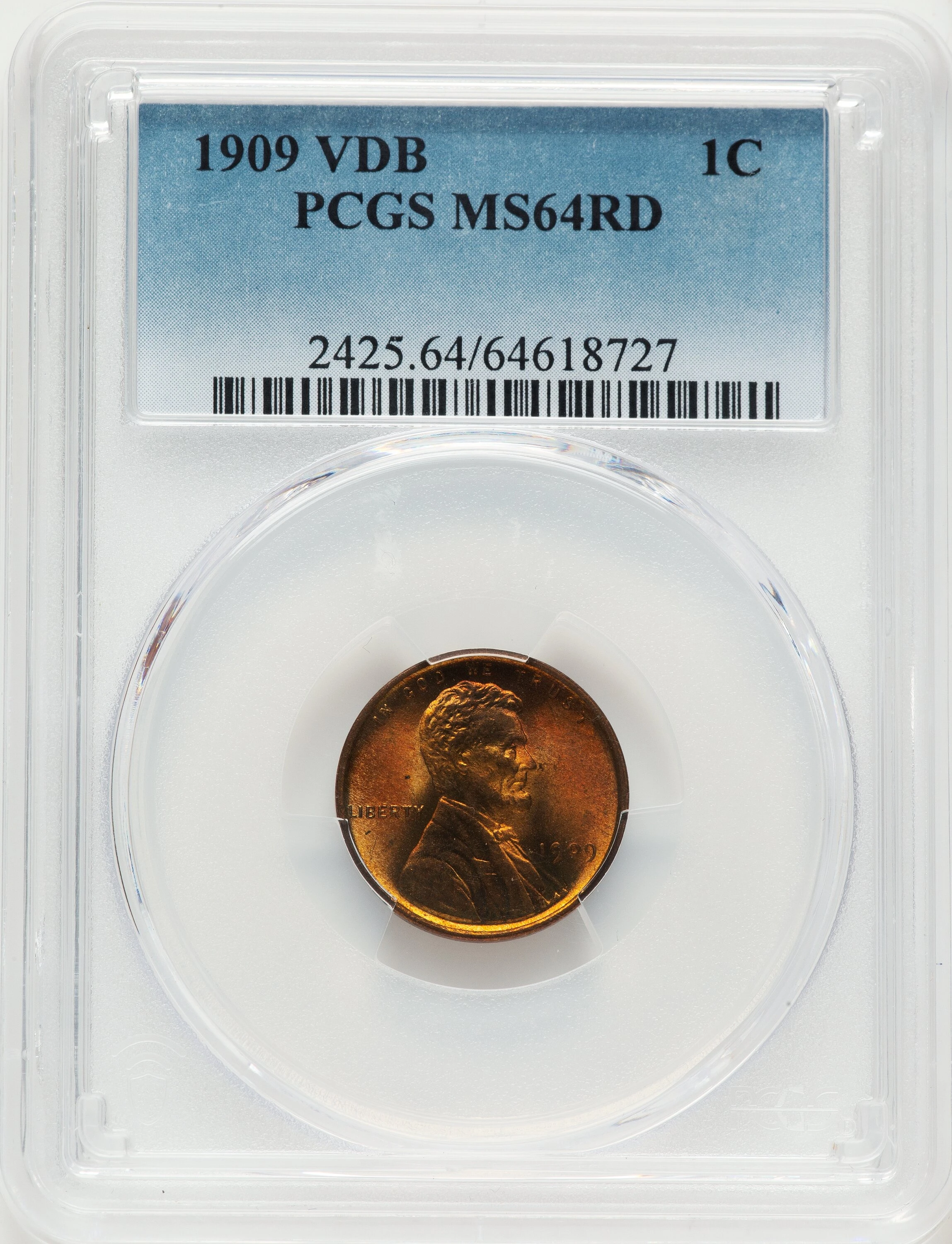 PCGS MS64RD 1909 VDB cent, portrait and copper color detail