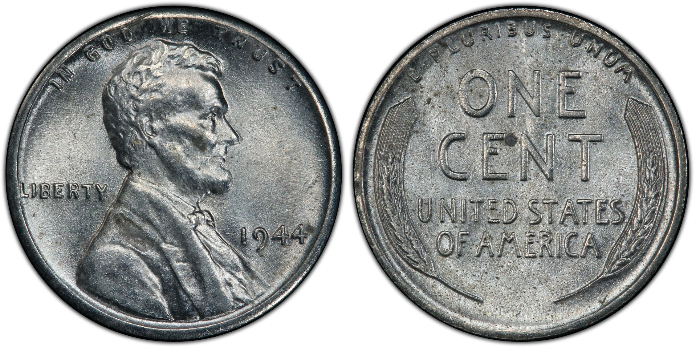 PCGS 1944 steel error cent, obverse and reverse