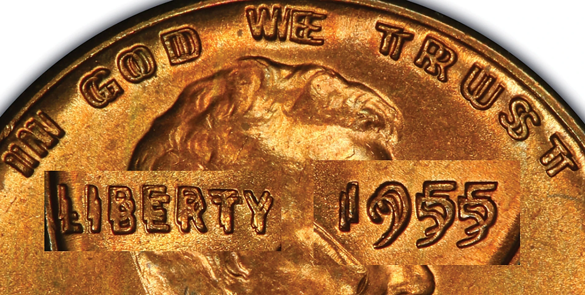 PCGS detail montage showing strong doubling in IN GOD WE TRUST, LIBERTY and 1955