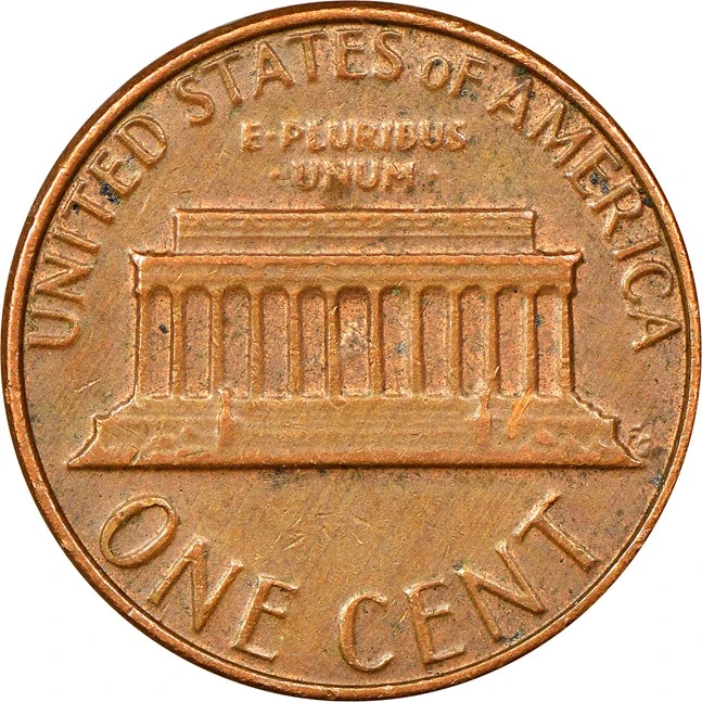 1982 Lincoln cent reverse showing the Lincoln Memorial and ONE CENT
