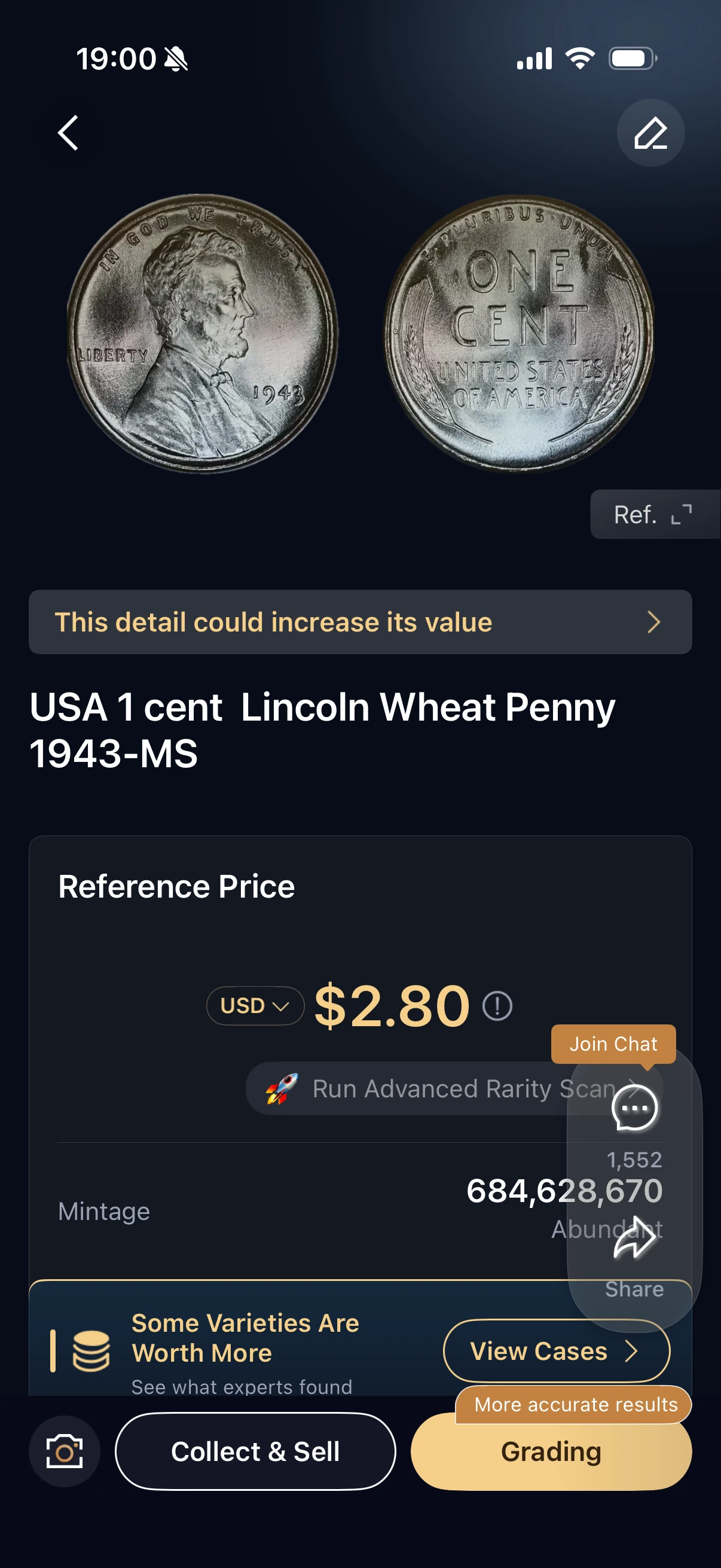 HeriBase result for a 1943 Lincoln Wheat penny labeled MS, displaying a USD 2.80 reference price and mintage of 684,628,670